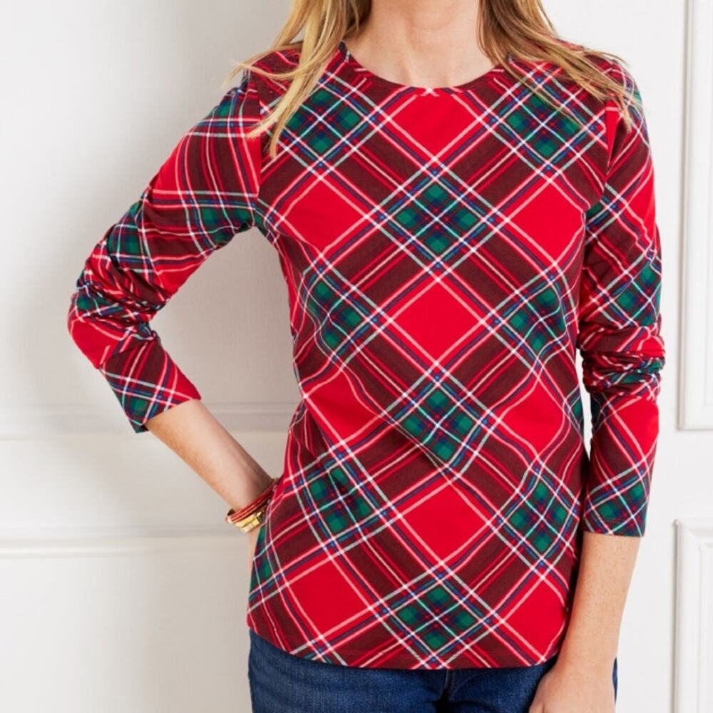 The Talbots Tee Womens Size Large Petite Red Plaid Tartan Knit Preppy Christmas